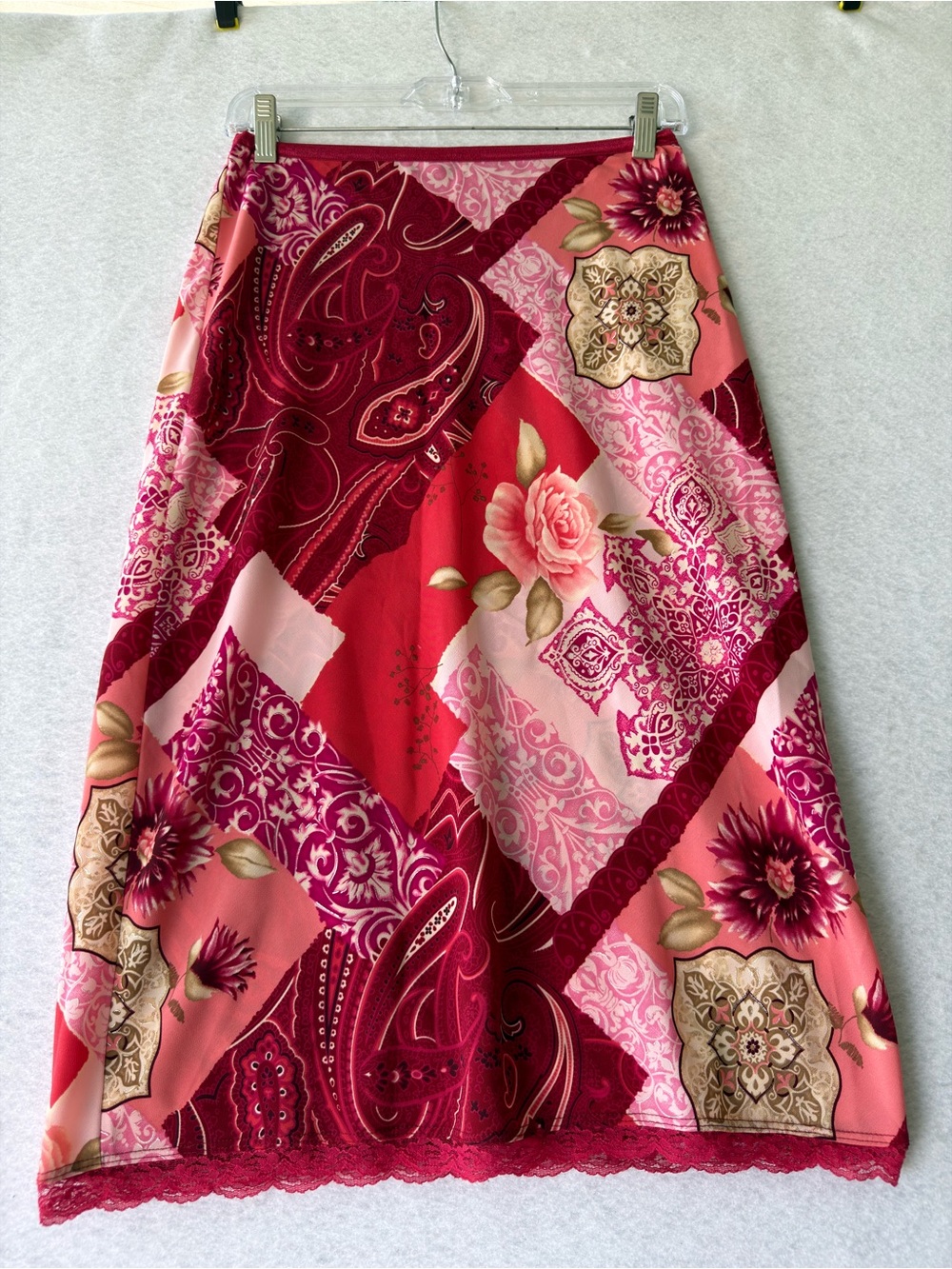 Vintage Wet Seal Floral Patchwork A-Line Skirt in Pink and Burgundy size S EUC